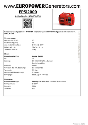 Benzine Generatoren Europower EPSi2000 (Sa)