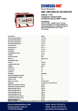 Benzine Generatoren Endress ESE 1006 DSG-GT ES Duplex