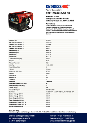 Benzine Generatoren Endress ESE 1206 DHS-GT ES