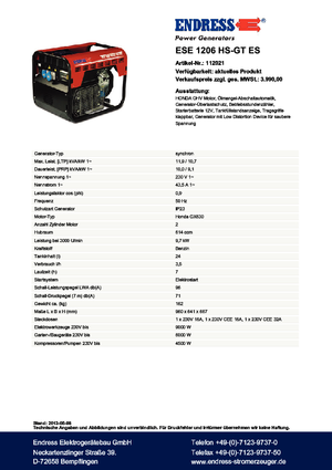 Benzine Generatoren Endress ESE 1206 HS-GT ES