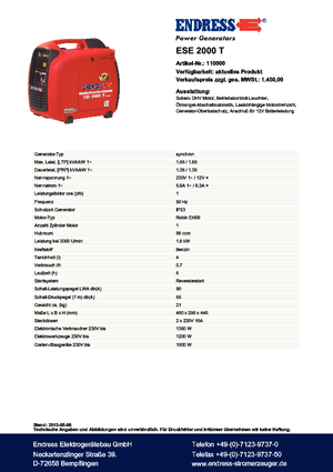 Benzine Generatoren Endress ESE 2000 T Silent