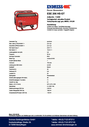 Benzine Generatoren Endress ESE 206 HS-GT