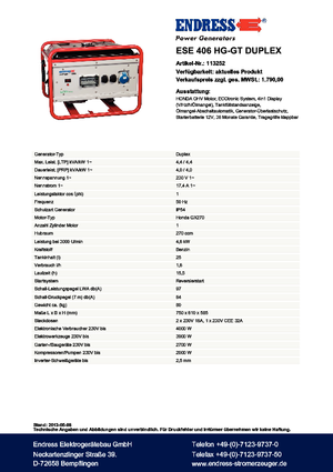Benzine Generatoren Endress ESE 406 HG-GT Duplex