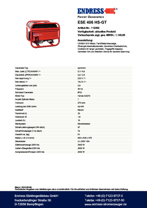 Benzine Generatoren Endress ESE 406 HS-GT