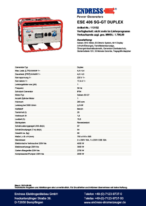 Benzine Generatoren Endress ESE 406 SG-GT Duplex