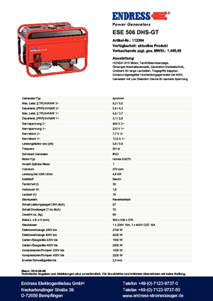 Benzine Generatoren Endress ESE 506 DHS-GT