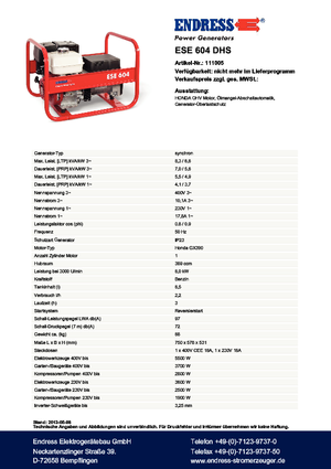 Benzine Generatoren Endress ESE 604 DHS