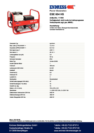 Benzine Generatoren Endress ESE 604 HS
