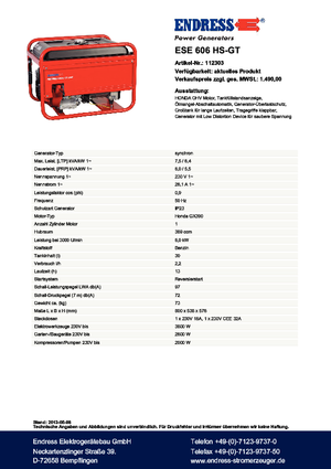 Benzine Generatoren Endress ESE 606 HS-GT