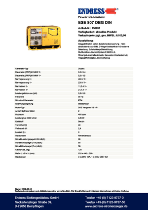 Benzine Generatoren Endress ESE 807 DBG DIN
