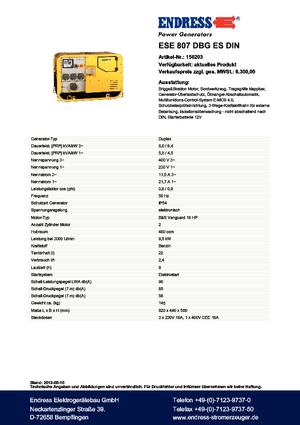 Benzine Generatoren Endress ESE 807 DBG ES DIN