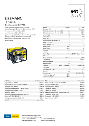Benzine Generatoren Eisemann H 7400 E