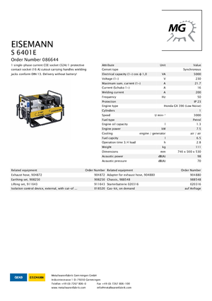 Benzine Generatoren Eisemann S 6401 E