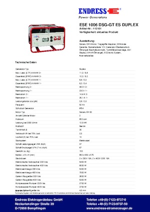 Benzine Generatoren Endress ESE 1006 DSG-GT ES Duplex