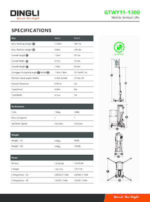 Enkele mast verticale hoogwerkers Dingli GTWY11-1300