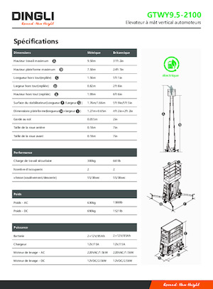 Enkele mast verticale hoogwerkers Dingli GTWY9.5-2100