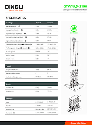Enkele mast verticale hoogwerkers Dingli GTWY9.5-2100
