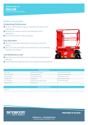 Enkele mast verticale hoogwerkers Sinoboom VM120E