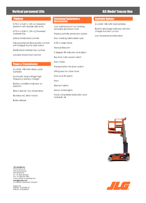 Enkele mast verticale hoogwerkers JLG-Toucan Toucan-DUO